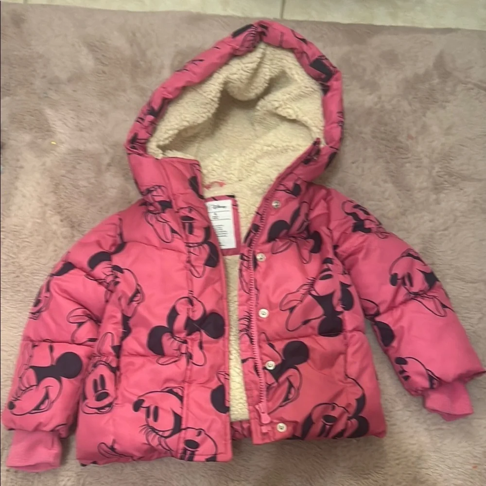 GAP Pink and Black Puffer Jacket with Mickey Mouse Print